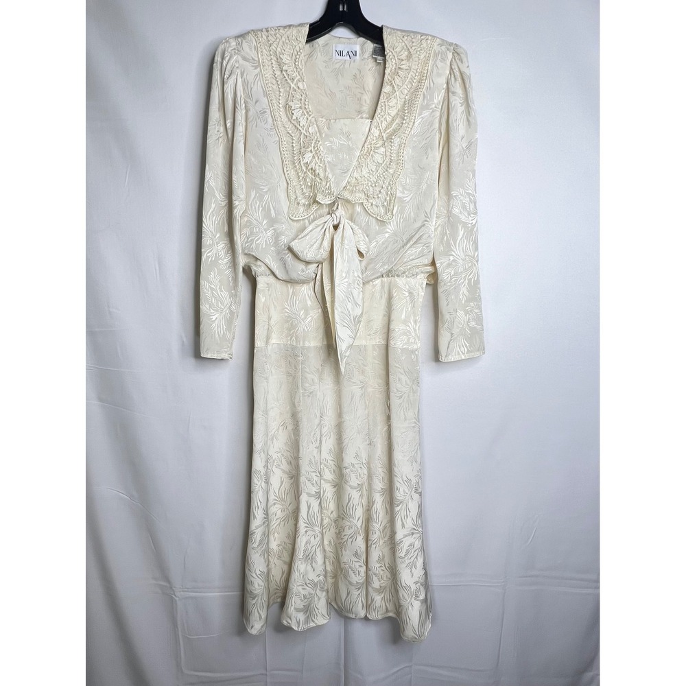 Vintage Nilani‎ Cream Jacquard Tea Dress 8 Lace Collar Bow 80s Wedding Cottage